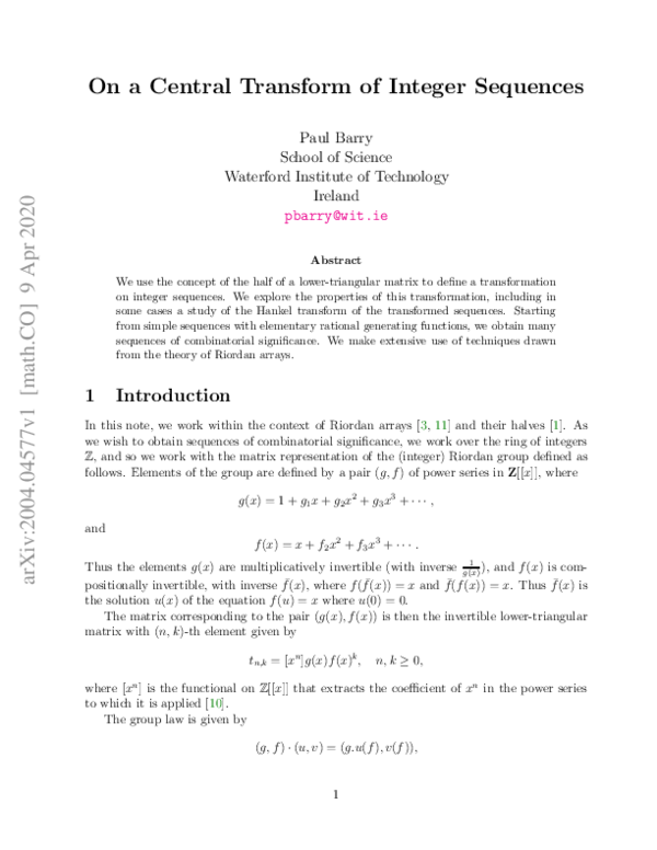 (PDF) On a Central Transform of Integer Sequences