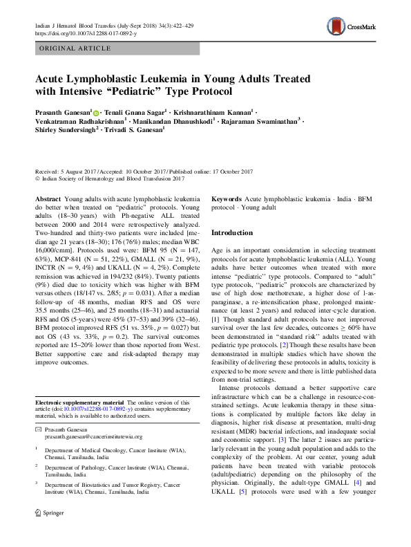 (PDF) Acute Lymphoblastic Leukemia in Young Adults Treated with ...