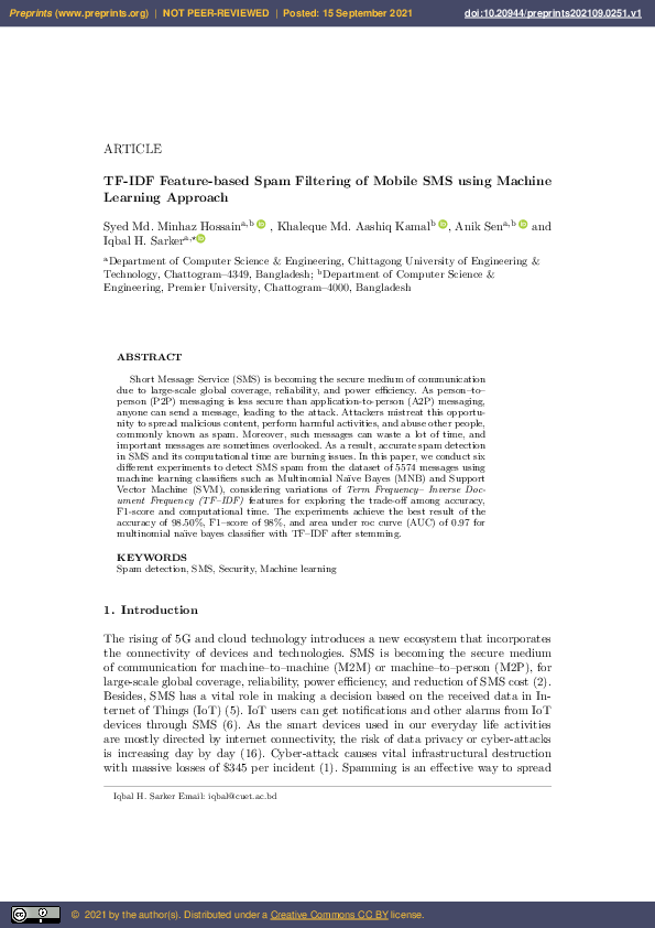 (PDF) TF-IDF Feature-Based Spam Filtering of Mobile SMS Using Machine ...