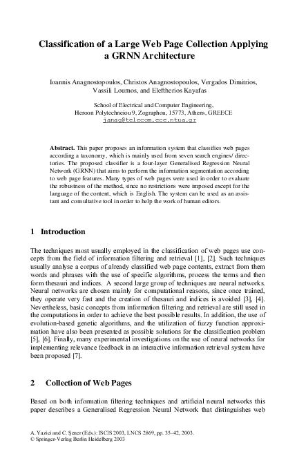 (PDF) Classification of a Large Web Page Collection Applying a GRNN ...