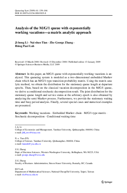 (PDF) Analysis of the M/G/1 queue with exponentially working vacations ...