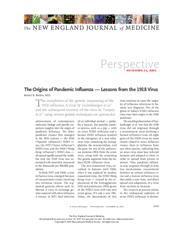 (PDF) The Origins of Pandemic Influenza — Lessons from the 1918 Virus