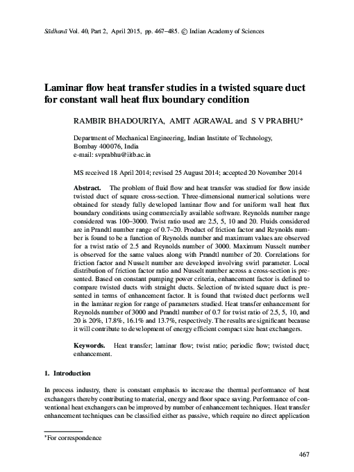 (PDF) Laminar flow heat transfer studies in a twisted square duct for ...