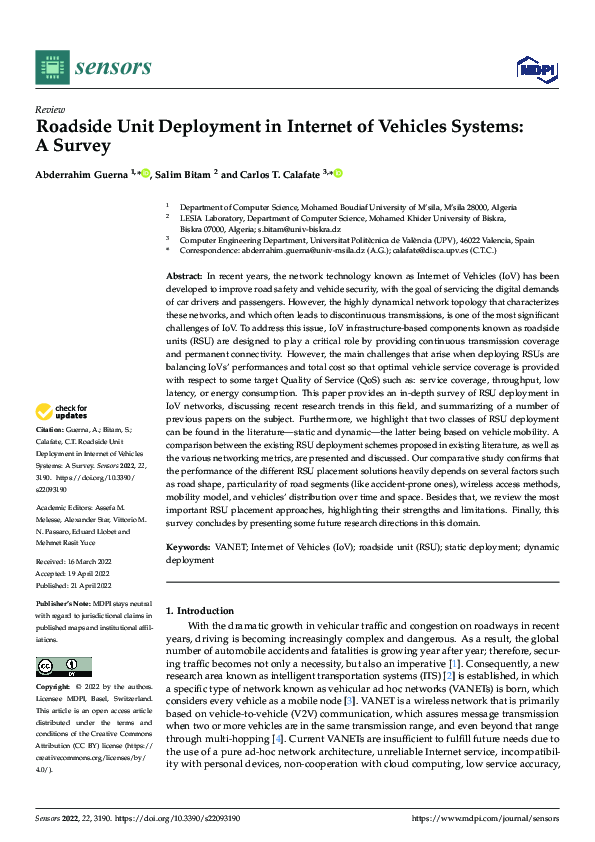 (PDF) Roadside Unit Deployment in Internet of Vehicles Systems: A Survey