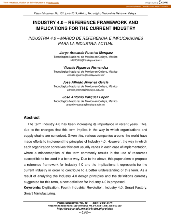 (PDF) Industry 4.0 – Reference Framework and Implications for the ...