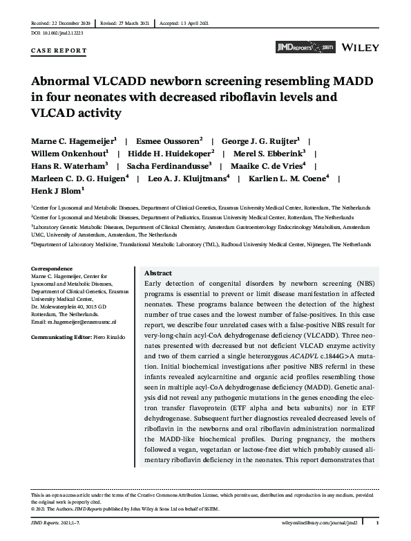 (PDF) Abnormal VLCADD newborn screening resembling MADD in four ...