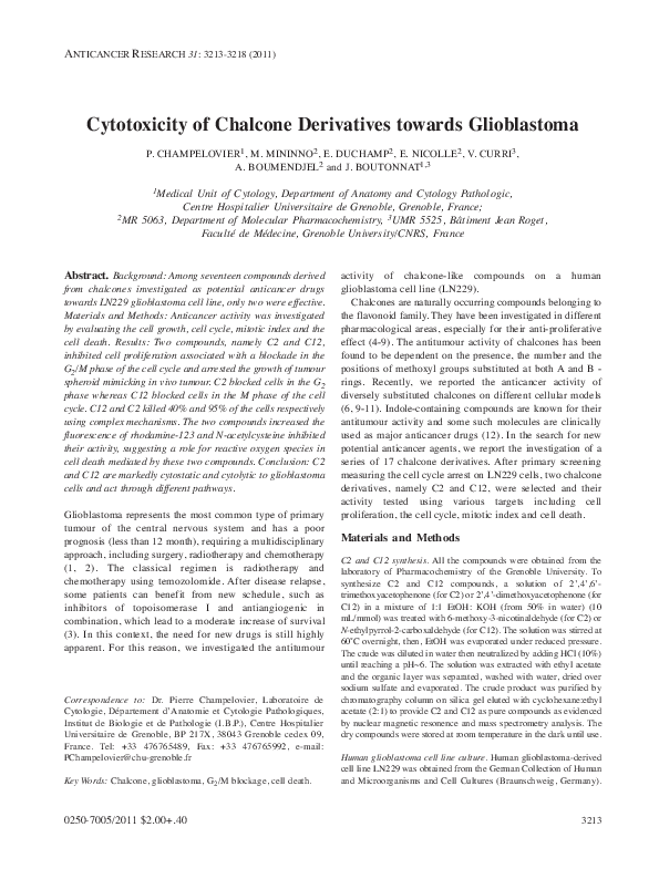 (PDF) Cytotoxicity of chalcone derivatives towards glioblastoma