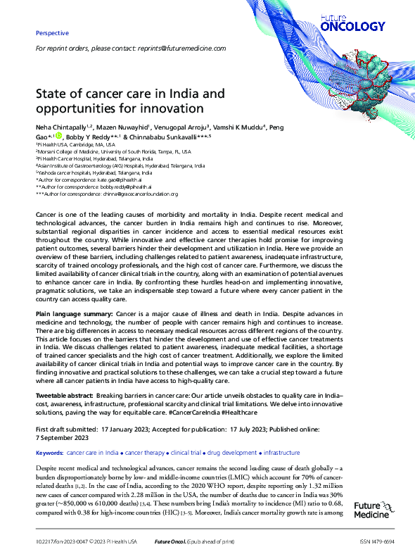 (PDF) State of cancer care in India and opportunities for innovation