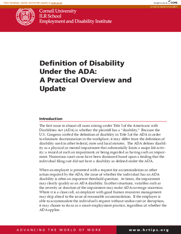 (PDF) Definition of Disability Under the ADA A Practical Overview and