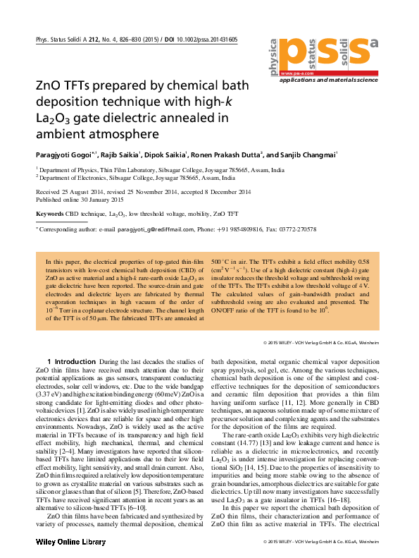 (PDF) ZnO TFTs prepared by chemical bath deposition technique with high ...