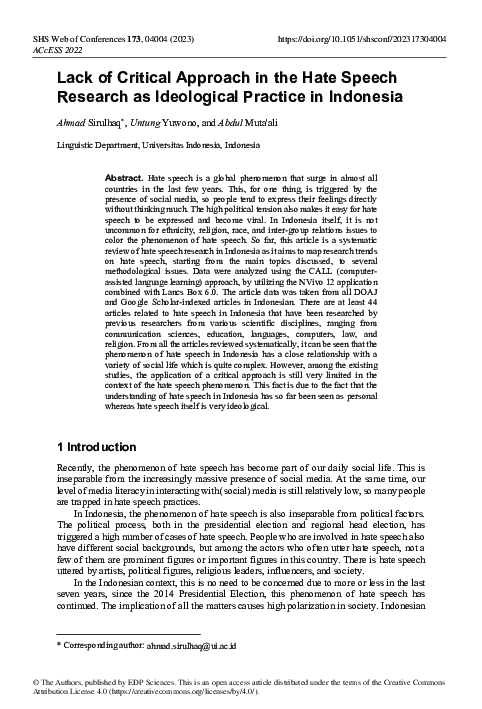 (PDF) Lack of Critical Approach in the Hate Speech Research as ...