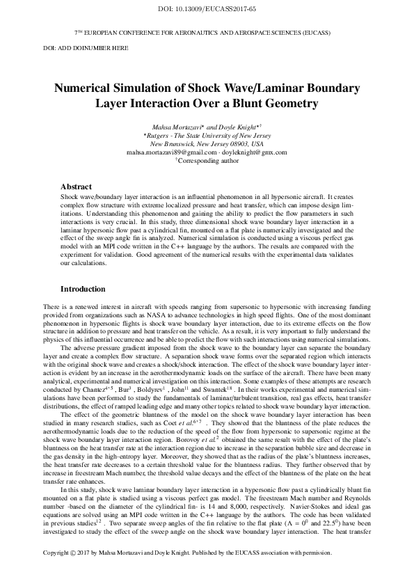 (PDF) Numerical Simulation of Shock Wave/Laminar Boundary Layer ...