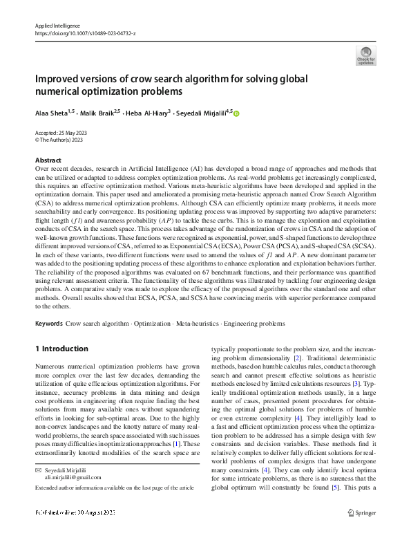 (PDF) Improved versions of crow search algorithm for solving global ...