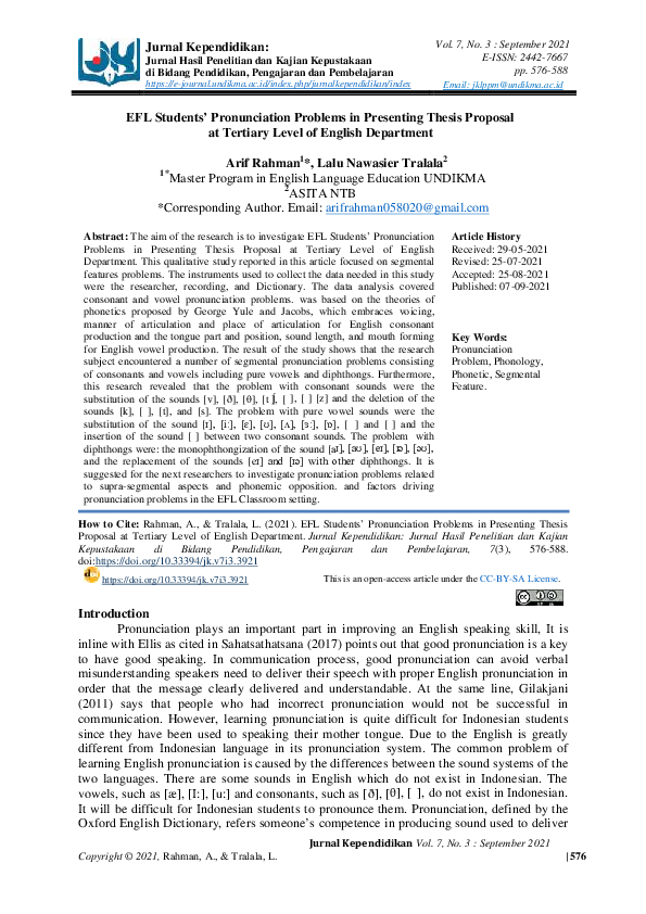(PDF) EFL Students’ Pronunciation Problems in Presenting Thesis ...