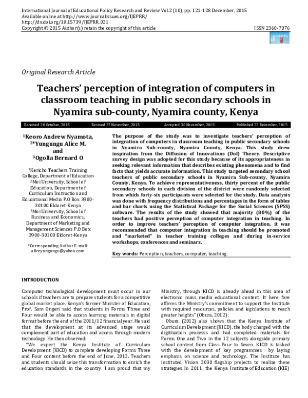 (PDF) Teachers ’ perception of integration of computers in classroom ...