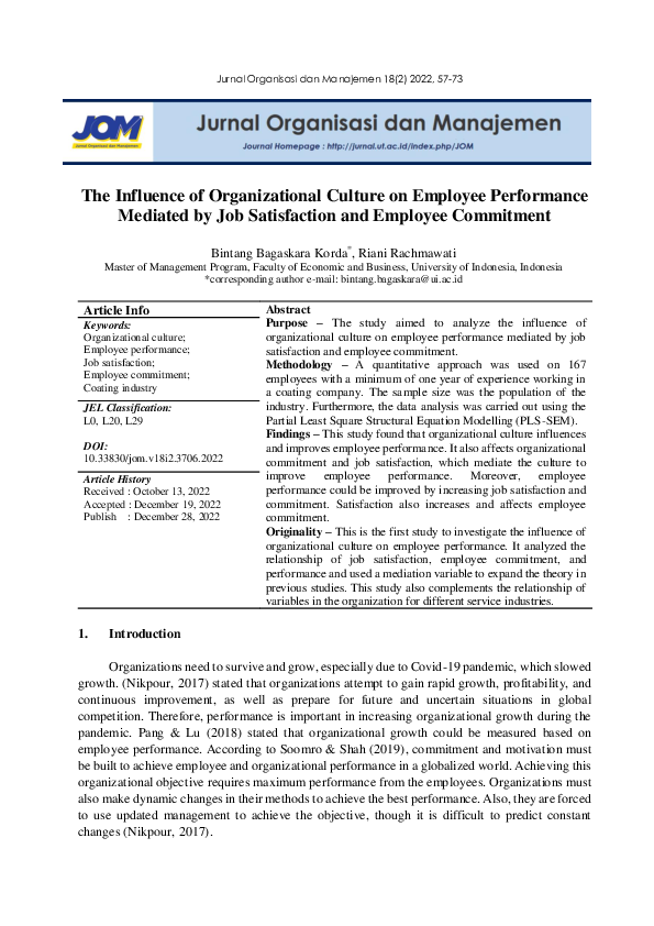 (PDF) Influence of Organizational Culture on Employee Performance ...
