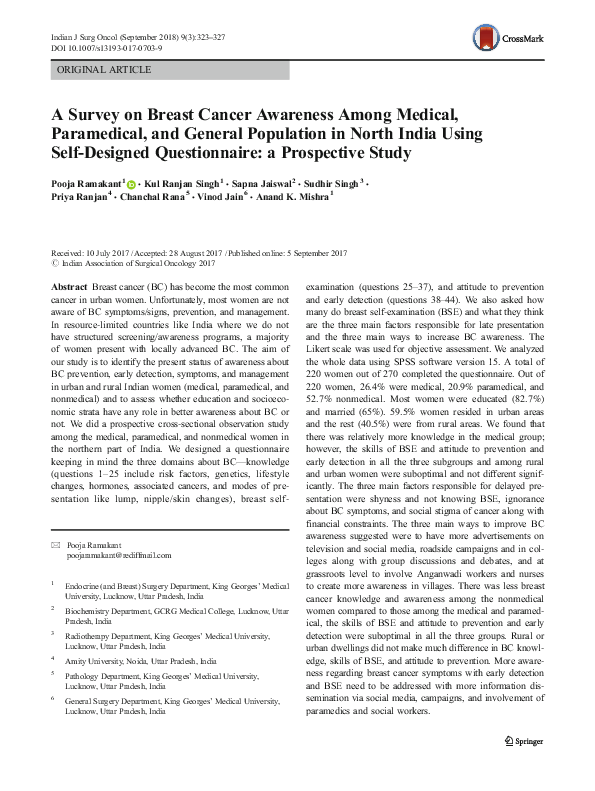 (PDF) A Survey on Breast Cancer Awareness Among Medical, Paramedical ...