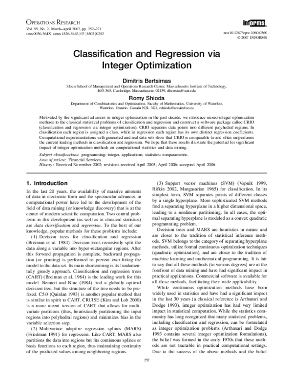 (PDF) Classification and Regression via Integer Optimization