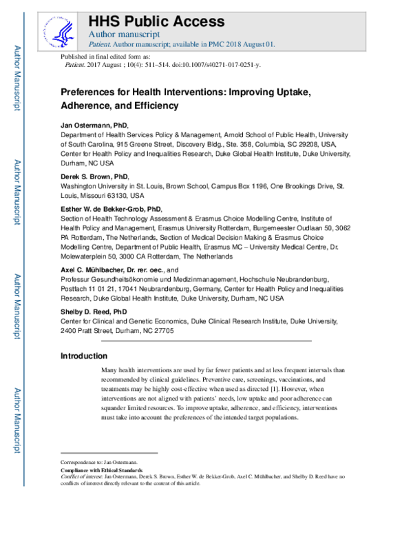 (PDF) Preferences for Health Interventions: Improving Uptake, Adherence ...