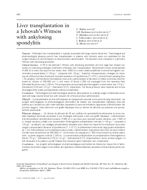 (PDF) Liver transplantation in a Jehovah’s Witness with ankylosing ...