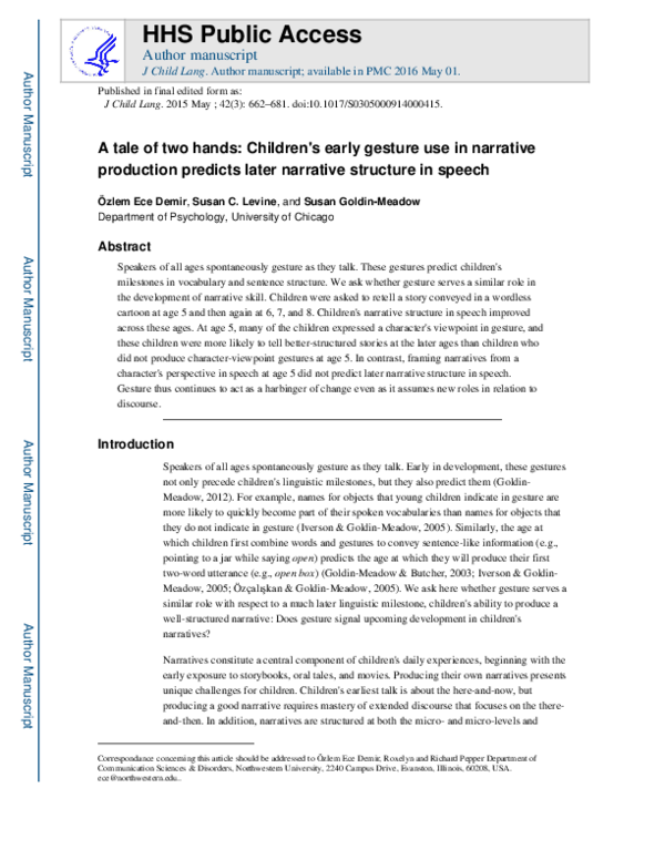 (PDF) A tale of two hands: children's early gesture use in narrative ...