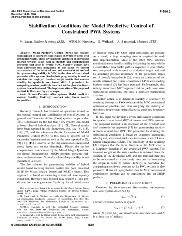 (PDF) Stabilization conditions for model predictive control of ...