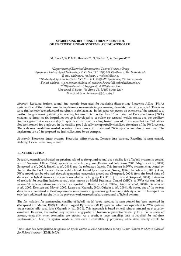 (PDF) Stabilizing receding horizon control of piecewise linear systems ...