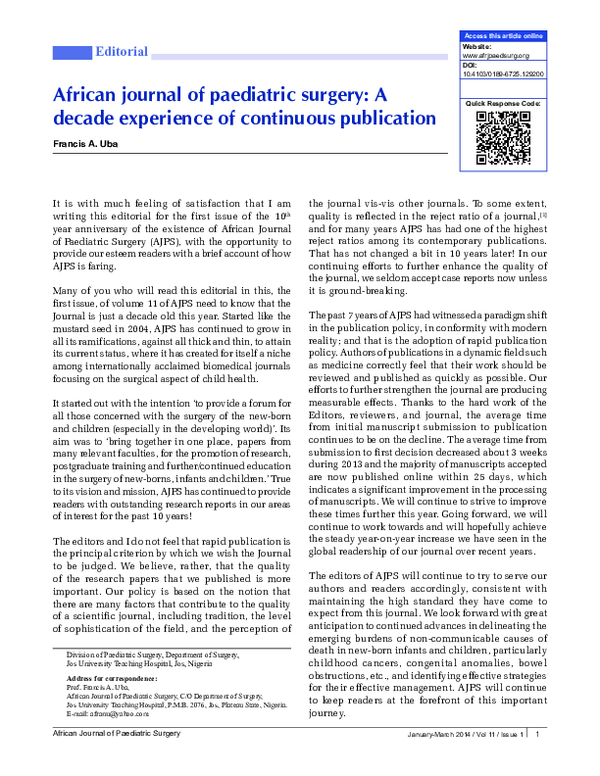 PDF) African journal of paediatric surgery: A decade experience of 