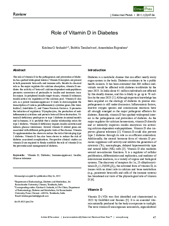 (PDF) Role of Vitamin D in Diabetes