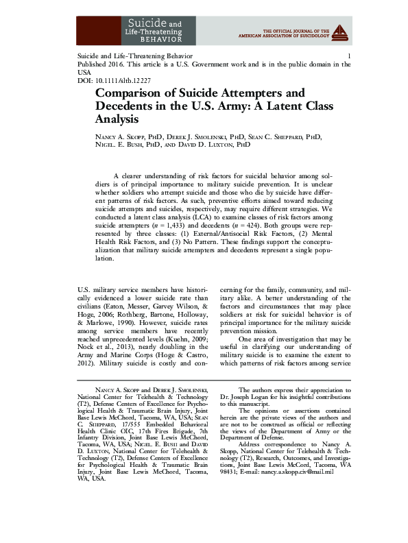 (PDF) Comparison of Suicide Attempters and Decedents in the U.S. Army ...