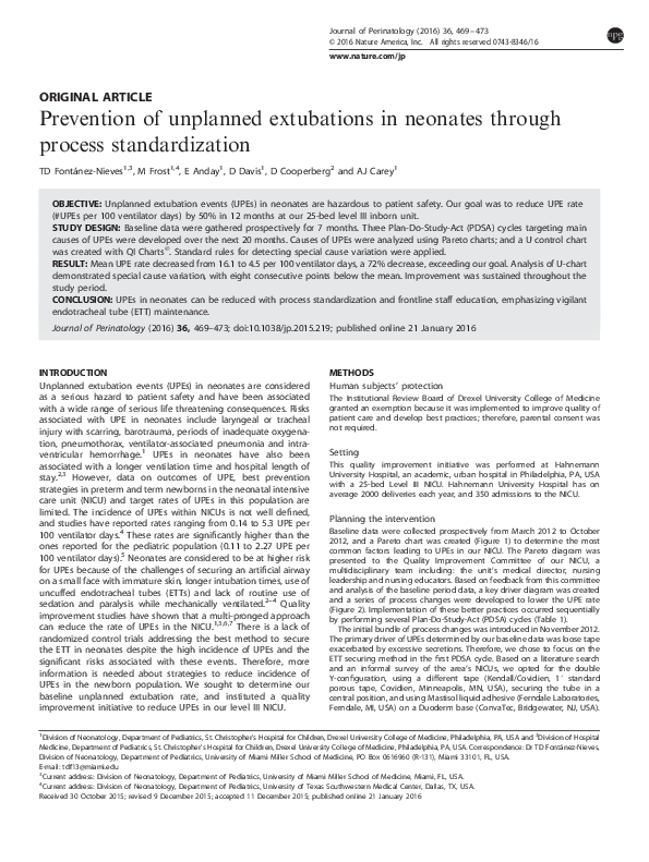 (PDF) Prevention of unplanned extubations in neonates through process ...