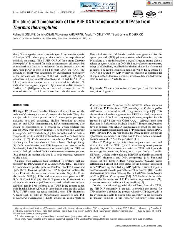(PDF) Structure and mechanism of the PilF DNA transformation ATPase ...