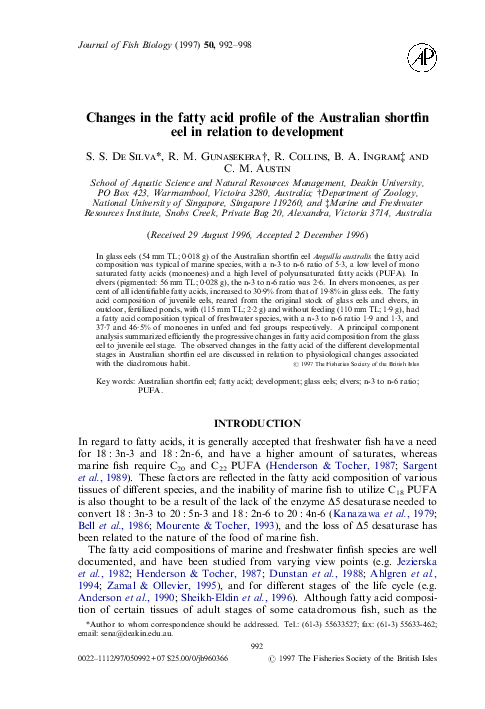 (PDF) Changes in the fatty acid profile of the Australian shortfin eel ...