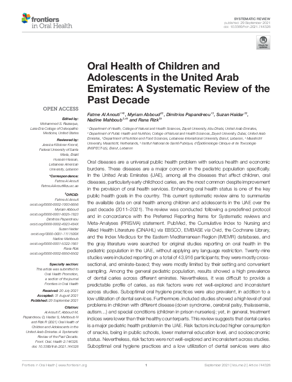 (PDF) Oral Health of Children and Adolescents in the United Arab ...