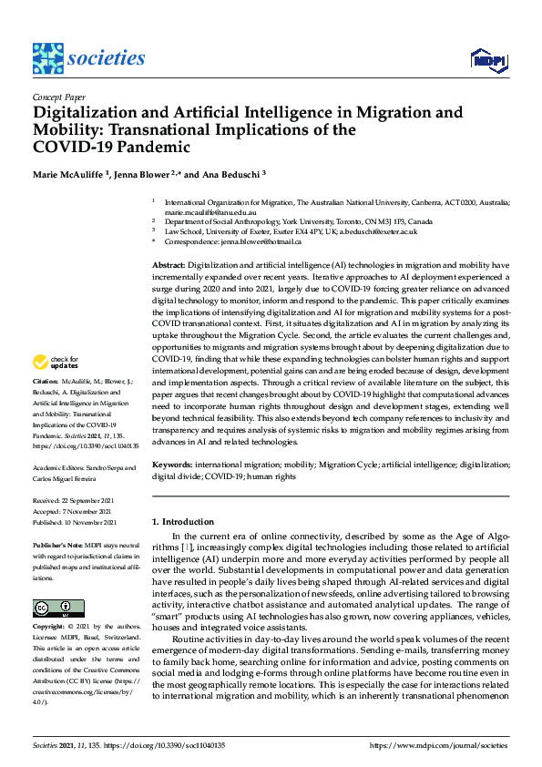 (PDF) Digitalization and Artificial Intelligence in Migration and ...