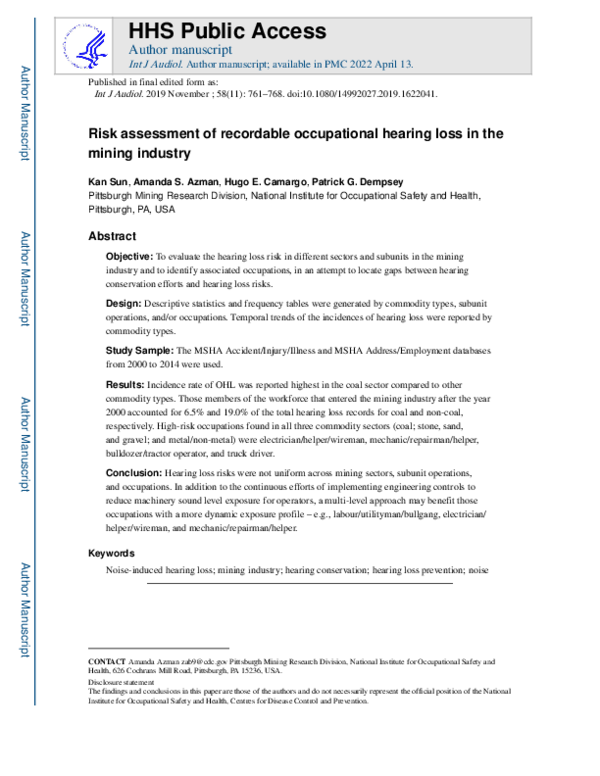 (PDF) Risk assessment of recordable occupational hearing loss in the ...