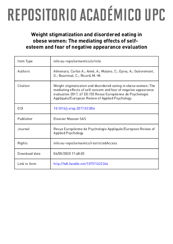 (PDF) Weight stigmatization and disordered eating in obese women The
