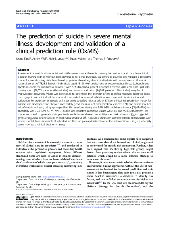 (PDF) The prediction of suicide in severe mental illness: development ...