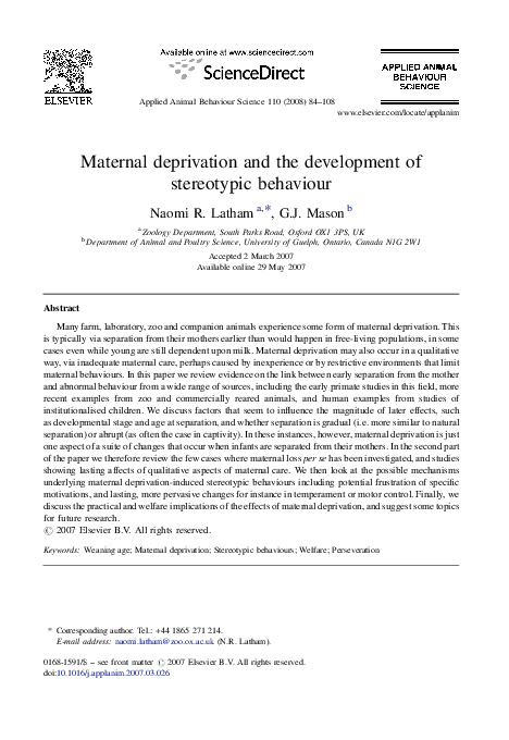 (PDF) Maternal deprivation and the development of stereotypic behaviour