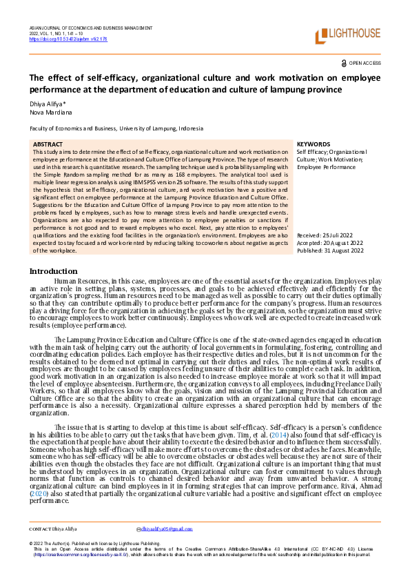 (PDF) The effect of self-efficacy, organizational culture and work ...