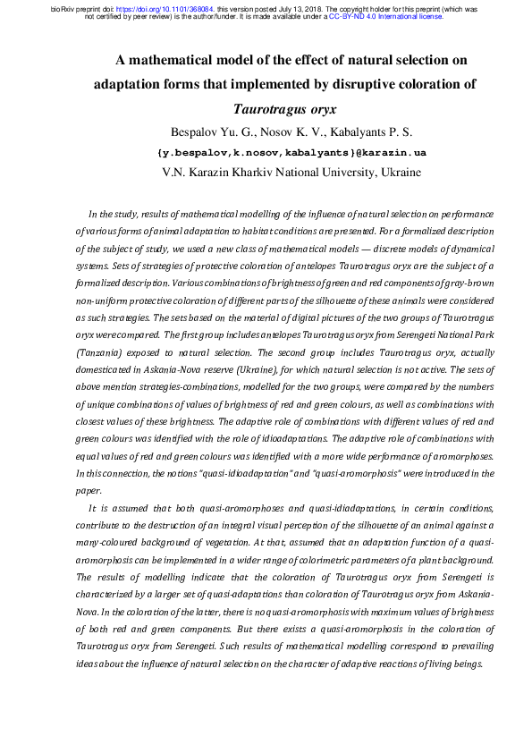 (PDF) A mathematical model of the effect of natural selection on ...