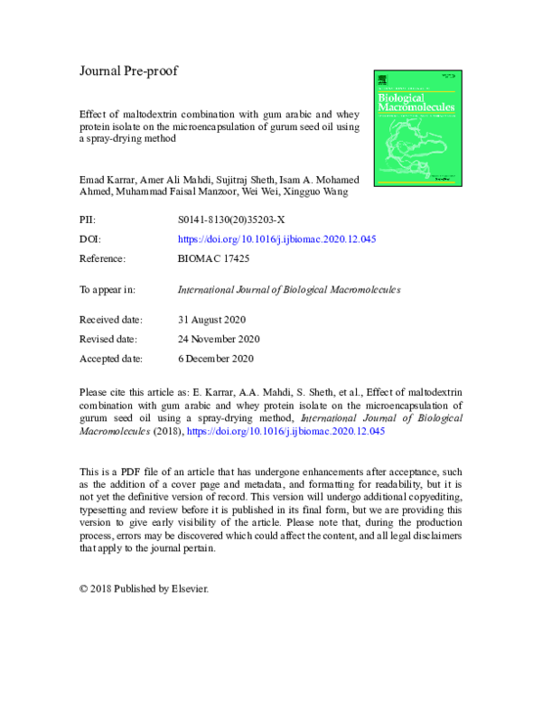 (PDF) Effect of maltodextrin combination with gum arabic and whey ...