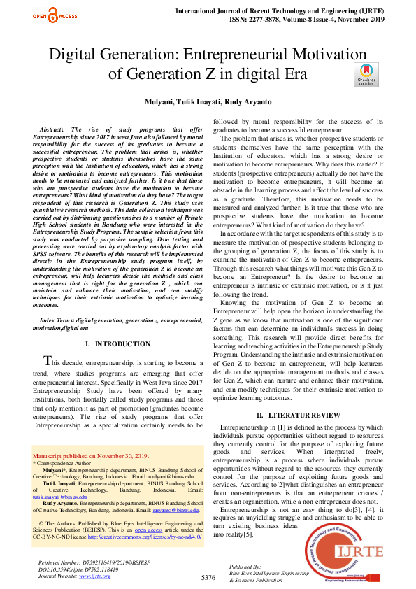 (PDF) Digital Generation: Entrepreneurial Motivation of Generation Z in ...