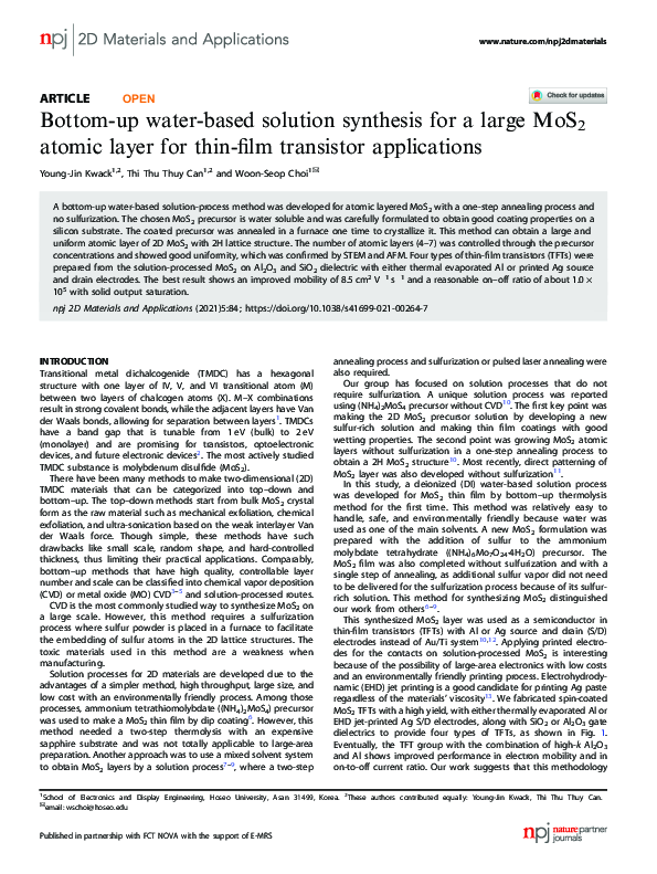 (PDF) Bottom-up water-based solution synthesis for a large MoS2 atomic ...