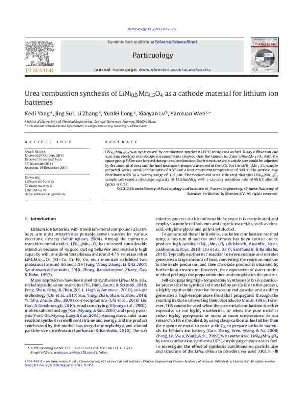 (PDF) Urea combustion synthesis of LiNi0.5Mn1.5O4 as a cathode material ...