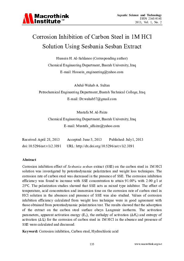 (PDF) Corrosion Inhibition of Carbon Steel in 1M HCl Solution Using ...