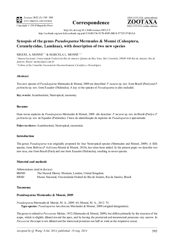 (PDF) Synopsis of the genus Pseudosparna Mermudes & Monné (Coleoptera ...