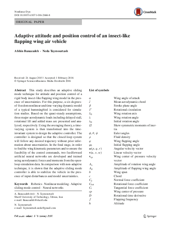 (PDF) Adaptive attitude and position control of an insect-like flapping ...
