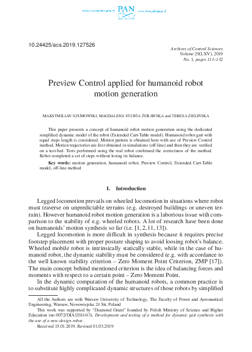 (PDF) Preview Control applied for humanoid robot motion generation