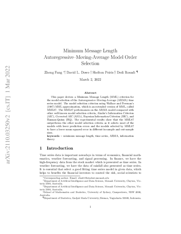 (PDF) Minimum Message Length Autoregressive Moving Average Model Order ...